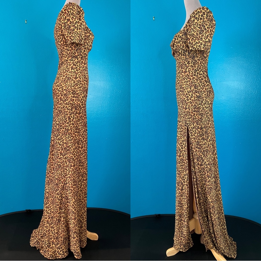 STAUD Lea Leopard Print Maxi Dress w/ Side Slit & Puff Sleeves Size 2 - Picture 4 of 16